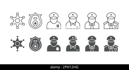Polizeipatrouille. Symbole für Schutzvorrichtungen. Straßenverkehrsabteilung. Sicherheitsdienst oder Pilot. Notdienst. Gesetzesbehörde. Sheriff Sternenabzeichen. Polizist in Uniform. Logo mit Vektorlinie oder schwarzer Silhouette Stock Vektor