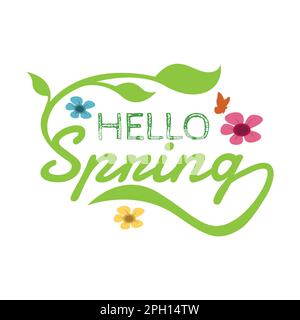 Saisonales Frühlingslogo. Frisches Frühlingslogo mit Blumen, Blättern und Schmetterlingen Stock Vektor