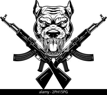 Wütender Hundekopf mit gekreuzten Sturmgewehren. Designelement für Poster, Emblem, Schild. Vektordarstellung Stock Vektor