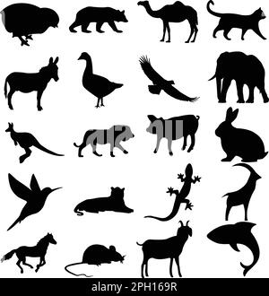 Ein Set von Tiersilhouetten. känguru, Löwe, Schwein, Kamel, hier. Spatz, Taube, Eidechse, Dall-Schafe, Ratte, Delfin, Esel, Elefant, Ente, Adler Stock Vektor