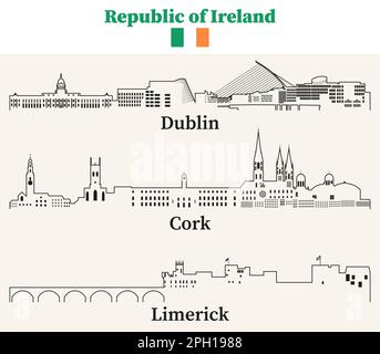 Irische Städte umranden Skyline-Vektorset Stock Vektor