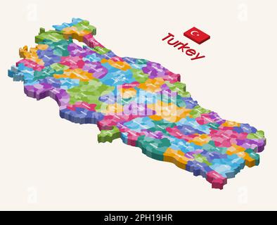 Verwaltungsbezirke der Türkei 3D (isometrisch) isolierte Karte, farblich nach Provinzen und Bezirken geordnet Stock Vektor