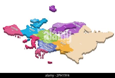 (Isometrische) Karte Europa 3D, farbig nach Regionen Stock Vektor