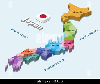 Japan 3D-Karte (isometrisch), farbig nach Regionen auf hellblauem Hintergrund Stock Vektor