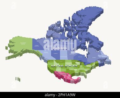 USA, Kanada und Mexiko 3D (isometrisch) farbige Karte mit Staatsgrenzen und Namen Stock Vektor