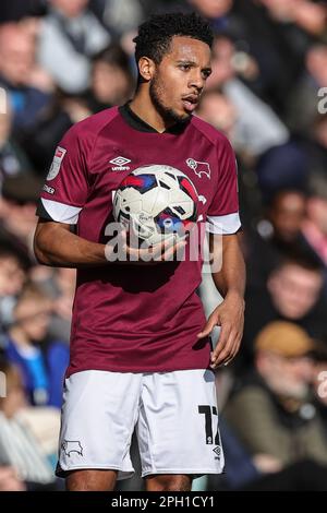 Peterborough, Großbritannien. 25. März 2023. Korey Smith #12 of Derby County während des Spiels der Sky Bet League 1 Peterborough vs Derby County im Weston Homes Stadium, Peterborough, Großbritannien, 25. März 2023 (Foto von Mark Cosgrove/News Images) in Peterborough, Großbritannien, am 3./25. März 2023. (Foto: Mark Cosgrove/News Images/Sipa USA) Guthaben: SIPA USA/Alamy Live News Stockfoto