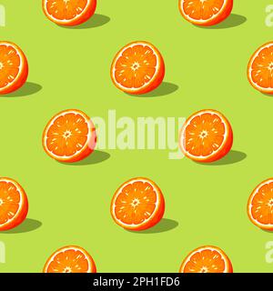 Nahtloses Muster mit orangefarbenen Fruchthälften auf grünem Hintergrund. Nahtloser Vektorhintergrund Stock Vektor
