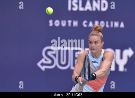 Miami Gardens, USA. 24. März 2023. MIAMI GARDENS, FLORIDA - 24. MÄRZ: Maria Sakkari (GRE) vs. Bianca Andreescu (CAN) während der Miami Open, präsentiert vom Itaú-Spiel im Hard Rock Stadium am 24. März 2023 in Miami Gardens, Florida. (Foto: JL/Sipa USA) Guthaben: SIPA USA/Alamy Live News Stockfoto
