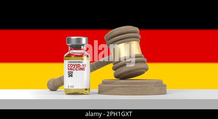 Covid-19-Impfstoffflasche und hölzerner Richterhammer auf deutscher Flagge. Das Impfrechtsentscheidungskonzept. 3D-Hintergrund, Kopierbereich, Beschneidungspfad Stockfoto