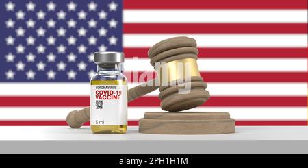 Covid-19-Impfstoffflasche und hölzerner Hammer auf US-Flagge. Impfrechtsentscheidungen USA-Konzept. 3D Hintergrund rendern, Kopierbereich, Beschneidungspfad Stockfoto