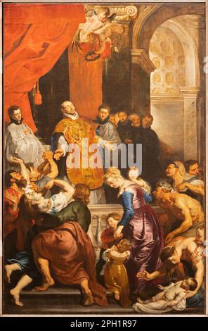 GENUA, ITALIEN - 7. MÄRZ 2023: Das Gemälde-Wunder von St. Ignace in der Kirche Chiesa del Gesu e dei Santi Ambrogio e Andrea von Peter Paul Rubens. Stockfoto