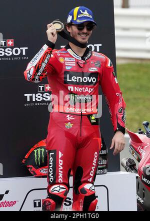 Portimao, Portugal. 25. März 2023. 25. März 2023, Autodromo International do Algarve, Portimao, MOTO GP GRANDE PREMIO DE PORTUGAL 2023, im Bild Gewinner Francesco Bagnaia aus Italien, Ducati Lenovo Team Credit: dpa/Alamy Live News Stockfoto