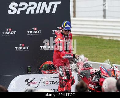 Portimao, Portugal. 25. März 2023. 25. März 2023, Autodromo International do Algarve, Portimao, MOTO GP GRANDE PREMIO DE PORTUGAL 2023, im Bild Gewinner Francesco Bagnaia aus Italien, Ducati Lenovo Team Credit: dpa/Alamy Live News Stockfoto