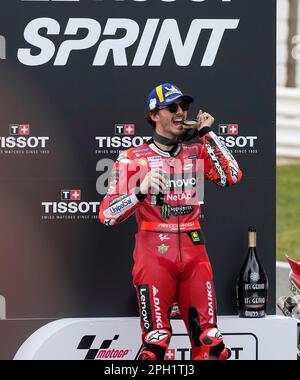 Portimao, Portugal. 25. März 2023. 25. März 2023, Autodromo International do Algarve, Portimao, MOTO GP GRANDE PREMIO DE PORTUGAL 2023, im Bild Gewinner Francesco Bagnaia aus Italien, Ducati Lenovo Team Credit: dpa/Alamy Live News Stockfoto