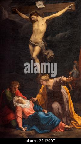 GENUA, ITALIEN - 6. MÄRZ 2023: Das Gemälde der Kreuzigung in der Kirche Basilica della Santissima Annunziata del Vastato von Francesco Scotto. Stockfoto