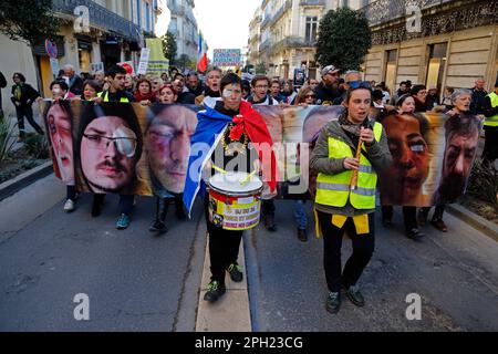 Vierter März der Verstümmelten, zum Beispiel. Gegen die Verwendung von LBD 40 und Granaten. Montpellier, Occitanie, Frankreich Stockfoto