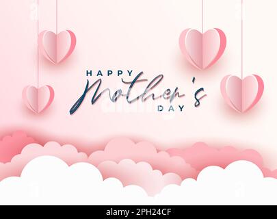 Happy Mothers Day Hintergrunddesign mit rosafarbenem Papierherz und Wolke Stock Vektor