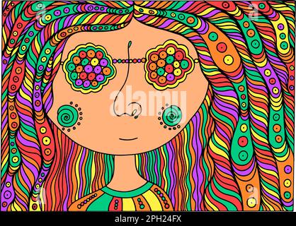 Hiipie-Mädchen-Gesicht in der Sonnenbrille - farbenfrohe psychedelische Illustration. Hippie Retro-Kunst. Komische Kunstwerke. Stock Vektor