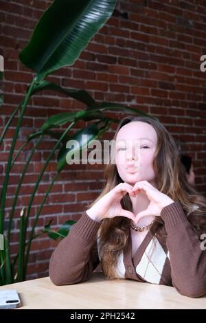 Ein junges, geflochtenes afroamerikanisches Mädchen trägt einen Winterpullover über einem isolierten Hintergrund, lächelt in Liebe und zeigt Herzsymbol und Form mit Händen. Romantisches Konzept. Hochwertiges Foto Stockfoto