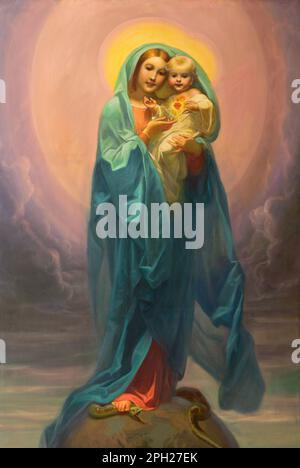 GENUA, ITALIEN - 6. MÄRZ 2023: Das Gemälde von Madonna (unbefleckt) in der Kirche Chiesa di Santa Caterina von Mattia Traverso (1941). Stockfoto