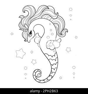 Seepferdchen, Einhorn. Lineares Schwarzweiß-Muster. Vektor Stock Vektor