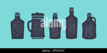 Flaschensatz. Sammelflaschen für Wodka, Gin, Bourbon, Silhouettenglas, Wein, Bier, Whiskey und Schnaps, Brandy, Rum, verschiedene Arten von Flaschen. Grafikdruck für Bar und Pub. Vektordarstellung Stock Vektor