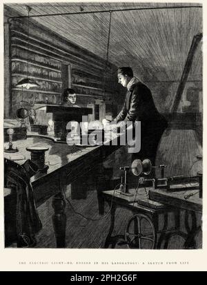 Das Licht der Elektrik. Mr. Edison in seinem Labor: Eine Skizze aus Life. Die Grafik, 1880 Stockfoto