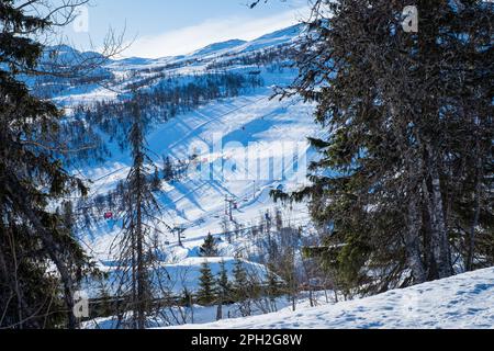 Blick auf das Skigebiet mit Pisten, Sesselliften und majestätischen schneebedeckten Bergen am Wintertag. Stockfoto