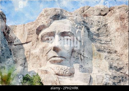 Digitales Aquarellgemälde von Abraham Lincoln Porträt auf Mount Rushmore Stockfoto