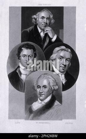 John Hunter - Schottischer Chirurg und Wissenschaftler, Edward Jenner - Erfinder des Pockenimpfstoffs, William Herschel - Astronomer und Komponist, Sir Humphry Davy - Erfinder der Davy Lampe und Chemiker, Vintage Illustration aus dem Jahr 1823 Stockfoto