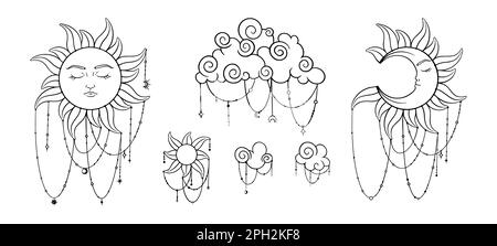 Esoterisches Set mit Tarot-, Astrologie- und Okkultismus-Symbolen. Spirituelle Tarotelemente aus Sonne, Halbmond, Sternen und Wolken. Vektordarstellung Stock Vektor