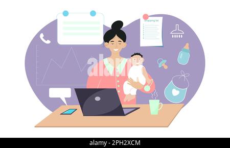 Freiberuflerin, die von zu Hause aus mit einem Kind arbeitet. Gleichgewicht zwischen Arbeit und Mutterschaft. Vektordarstellung Stock Vektor