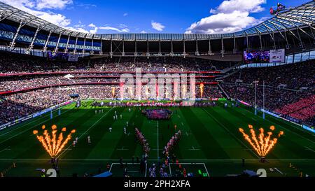 LONDON, VEREINIGTES KÖNIGREICH. 25., März 2023. Ein Überblick über das Spielfeld vor dem Spiel während des Gallagher Premiership Rugby The Show Down 3 Saracens vs Harlequins im Tottenham Hotspur Stadium am Samstag, den 25. März 2023. LONDON, ENGLAND. Kredit: Taka G Wu/Alamy Live News Stockfoto