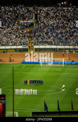 Split, Kroatien. 25. März 2023. SPLIT, KROATIEN - MÄRZ 25: Ein Blick auf das Fußballstadion während des UEFA EURO 2024 Qualifikationsspiels Gruppe D zwischen Kroatien und Wales im Stadion Poljud am 25. März 2023 in Split, Kroatien. Foto: Zvonimir Barisin/PIXSELL Credit: Pixsell/Alamy Live News Stockfoto