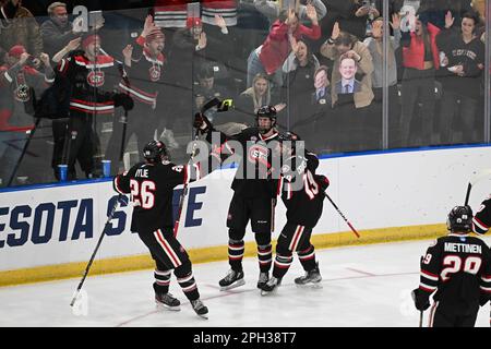 Teamkollegen fahren auf St. Cloud State Huskies: Adam Ingram (34) feiert sein Tor während des Meisterschaftsspiels des West Regional NCAA Männer Eishockeyturniers zwischen den St. Cloud State Huskies und die University of Minnesota Golden Gophers in der Scheels Arena in Fargo, ND, am Samstag, den 25. März 2023. Von Russell Hons/CSM Stockfoto