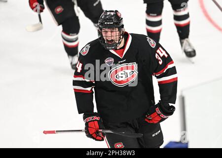 St. Cloud State Huskies Forward Adam Ingram (34) feiert ein Tor während des Meisterschaftsspiels des West Regional NCAA Männer Eishockeyturniers zwischen den St. Cloud State Huskies und die University of Minnesota Golden Gophers in der Scheels Arena in Fargo, ND, am Samstag, den 25. März 2023. Von Russell Hons/CSM Stockfoto