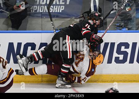 St. Cloud State Huskies Forward Grant Ahcan (11) prüft Minnesota Gophers Forward Mason Nevers (18) während des Meisterschaftsspiels des West Regional NCAA Männer-Eishockeyturniers zwischen der St. Cloud State Huskies und die University of Minnesota Golden Gophers in der Scheels Arena in Fargo, ND, am Samstag, den 25. März 2023. Von Russell Hons/CSM Stockfoto