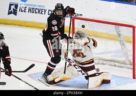 Der Torhüter von Minnesota Gophers Justen Close (1) versucht, eine Rettung zu machen, während er von St. Cloud State Huskies Forward Jack Rogers (20) während des Meisterschaftsspiels des West Regional NCAA Männer-Eishockeyturniers zwischen der St. Cloud State Huskies und die University of Minnesota Golden Gophers in der Scheels Arena in Fargo, ND, am Samstag, den 25. März 2023. Von Russell Hons/CSM Stockfoto