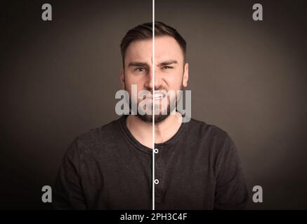 Junger Mann, der verschiedene Emotionen auf grauem Hintergrund ausdrückt, Collage. Persönlichkeitskonzept Stockfoto