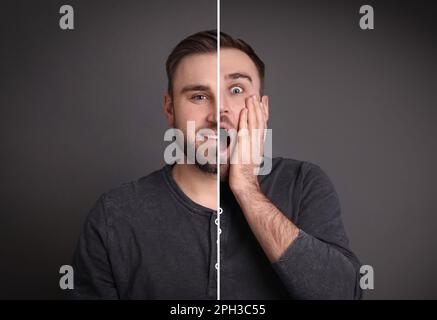 Junger Mann, der verschiedene Emotionen auf grauem Hintergrund ausdrückt, Collage. Persönlichkeitskonzept Stockfoto