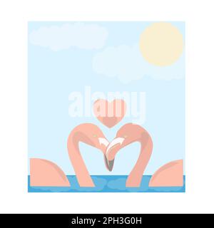 Verliebte Flamingos an einem tropischen sonnigen Tag in Florida. Gelbe Sonne, blaues Wasser, weiße Wolken, rosa Flamingos, rosa Herz, Herz im Herzen Stockfoto