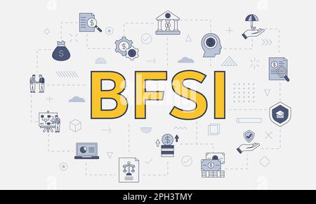 bfsi-Bankwesen, Finanz- und Versicherungskonzept mit Symbolsatz mit großem Wort oder Text auf der mittleren Vektorabbildung Stockfoto