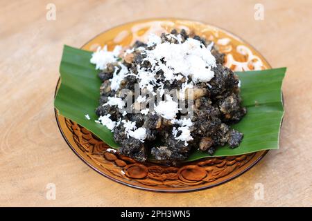 Gathot oder Gatot, traditionelles indonesisches Essen aus sonnengetrockneter fermentierter Kassava. Belag mit geriebener Kokosnuss. Gedünstet und für Reis subtitut gegessen Stockfoto