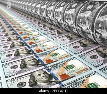 Gelddruck 100 US-Dollar-Banknoten Stockfoto