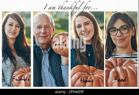 Wofür bist du dankbar? Zusammengesetzte Aufnahme von vier Personen, die einen Kürbis in der Hand halten. Stockfoto