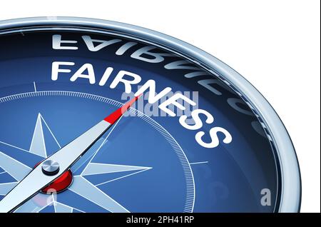 3D-Wiedergabe eines Kompasses mit einem Symbol für Fairness Stockfoto