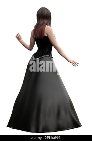 Gotische Asiatin trägt schwarzes Kleid mit Korsett, Illustration 3D. Stockfoto