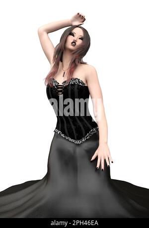 Gotische Asiatin trägt schwarzes Kleid mit Korsett, Illustration 3D. Stockfoto