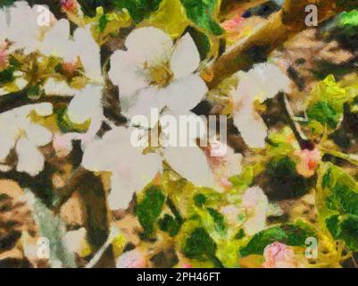 Zartrosa Frühlingsapfelblüte, digitaler Maleffekt, Fotobearbeitung. Stockfoto