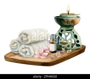 Spa Aromatherapie Badeaccessoires. Aromalampe, Duftöl, Baumwollhandtücher, rosa Blume, Salzstücke. Handgezeichnete Wasserfarben-Wellness-Illustration isola Stockfoto